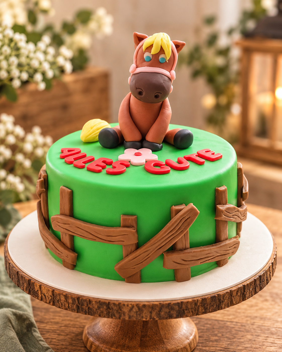 Pferdetorte mit grüner Decke, Holz-Zaunrand und der Aufschrift „Alles Gute“